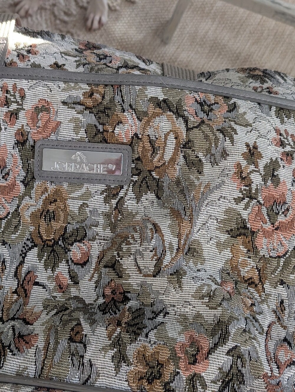 Jordache Floral Tapestry Tote in Gray, Pink and Olive Clean Carryon or Weekend